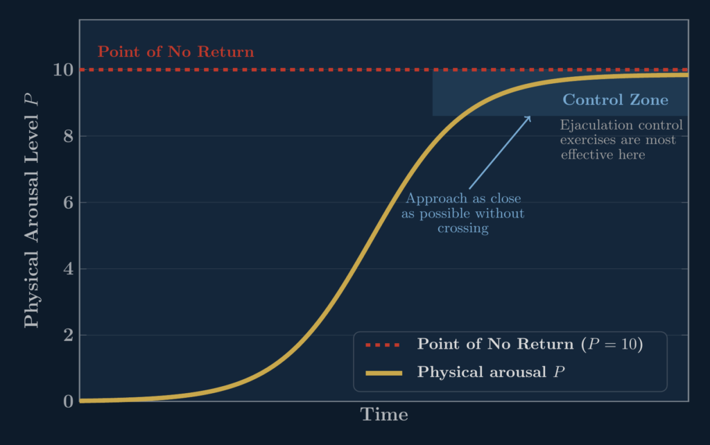Diagram showing physical arousal level P rising toward the Point of No Return threshold where ejaculation control exercises are applied in the control zone