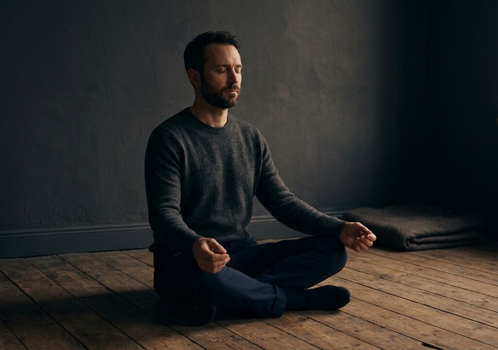 A man in focused internal awareness practicing the multi-orgasmic man technique of separating orgasm from ejaculation