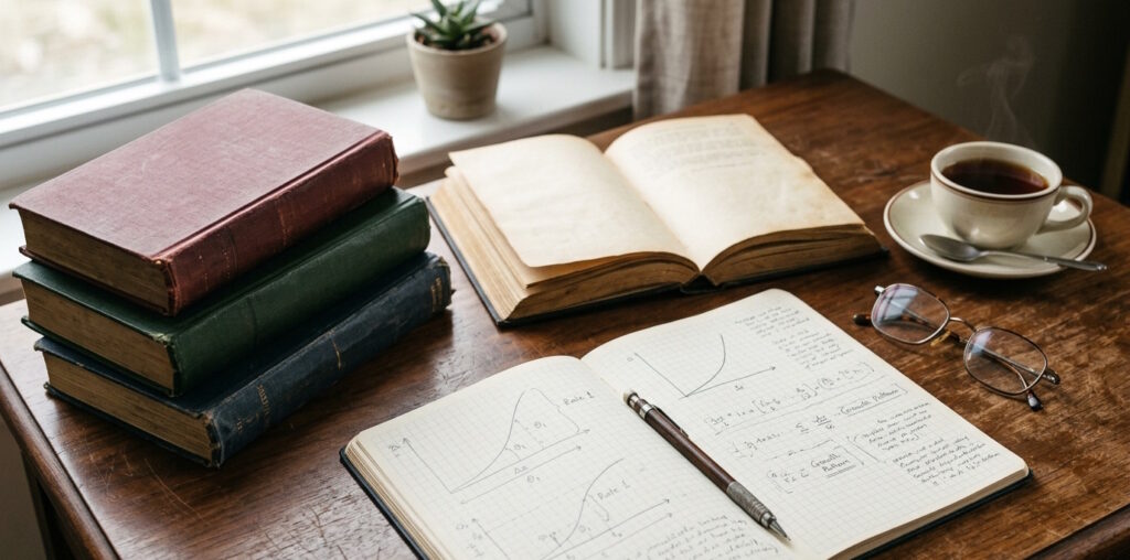 A worn stack of Taoist sexuality books beside an open notebook of hand-drawn diagrams and margin notes.