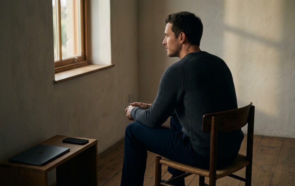 A man sitting in quiet, low-stimulation surroundings during a deliberate dopamine reset