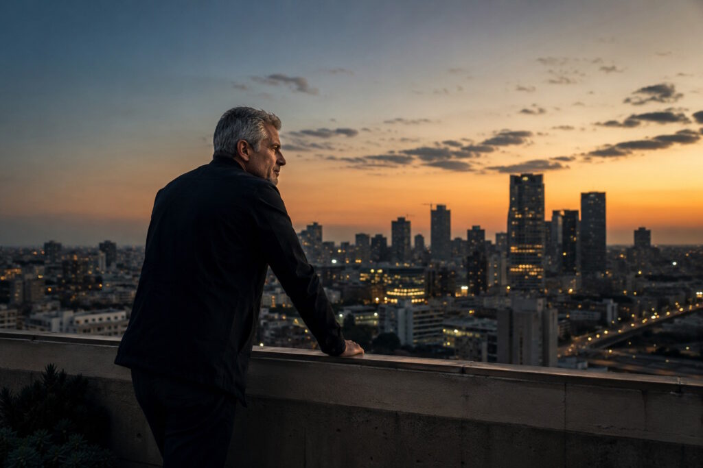 A man in his early 50s standing at the edge of a rooftop terrace at dusk, looking out over a city with sharp, forward-directed attention — illustrating male sex drive after 50 as a question of directed mental engagement rather than physical fading