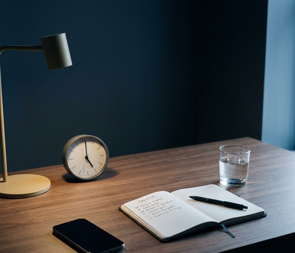 A disciplined morning desk setup with a closed phone and open notebook, representing the structure of a monk mode practice