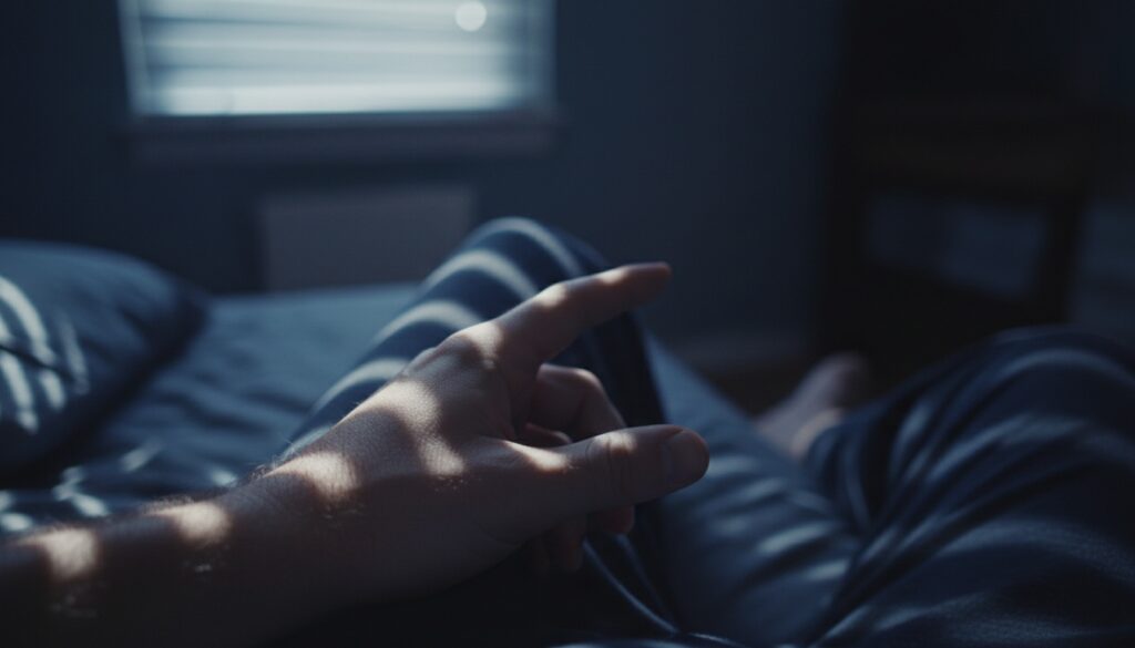 First-person view of a man practicing the reverse Kegel for men technique alone at night, fingers resting against his hip"