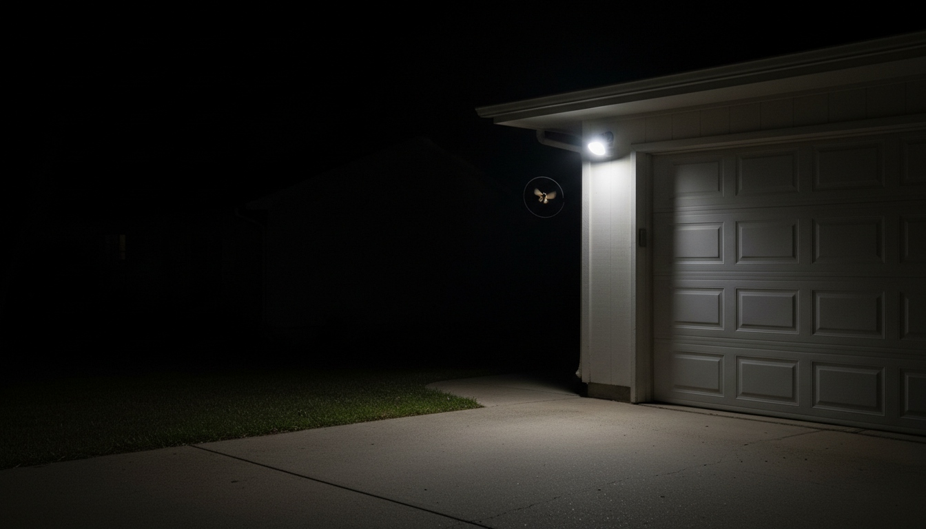 A security floodlight thrown on over an empty driveway with a single moth in the beam, the signal firing while nothing it was watching for is there, which is arousal non concordance.