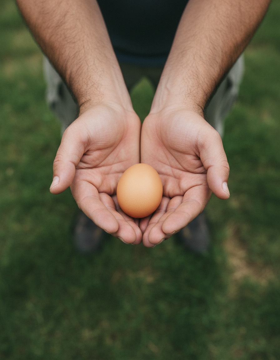 A raw egg caught whole in two cupped hands that drop and open at the moment of impact, since stopping it dead is what breaks it, which is the whole of kegel exercise and premature ejaculation timing.