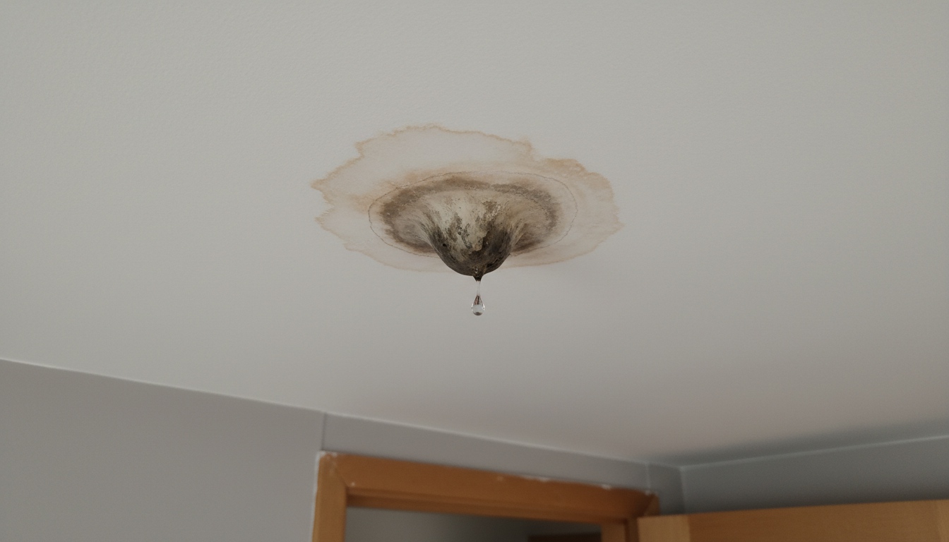 A ceiling bulging brown and heavy with water that got in at the roof and came out here instead, which is where monk mode's held tension ends up.