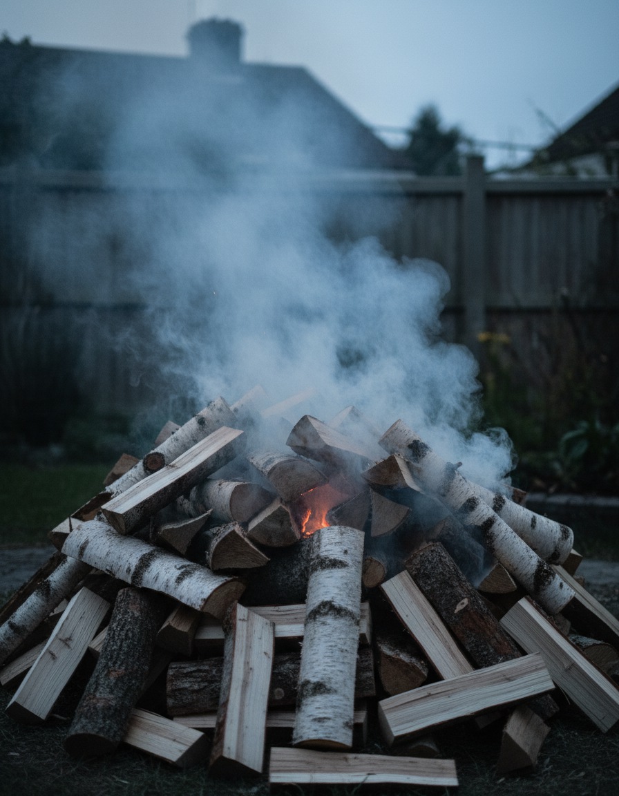A fire pit packed with fresh logs until the flame is smothered to smoke, one ember still live underneath: more of the same fuel past the point it helped, which is the nofap flatline.