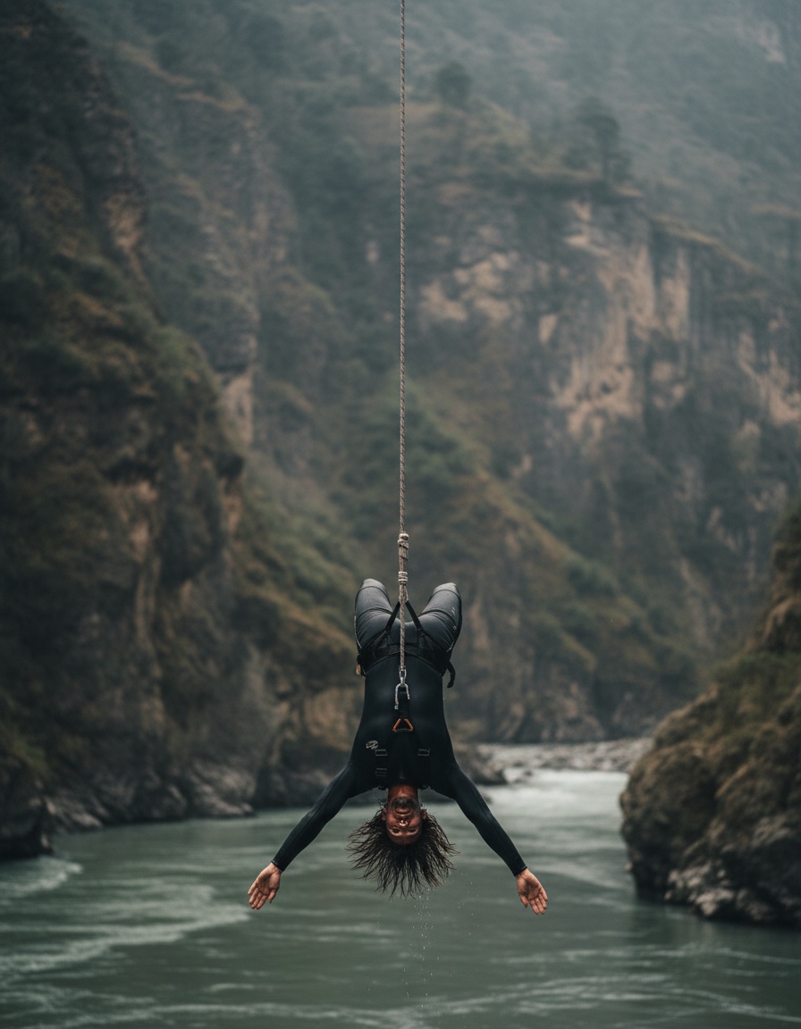 A man hanging head-down at the full stretch of a bungee cord over a river gorge, pulled back exactly as far as he fell and not at all by the reason he jumped, which is the physics under why do I feel guilty after masturbating.